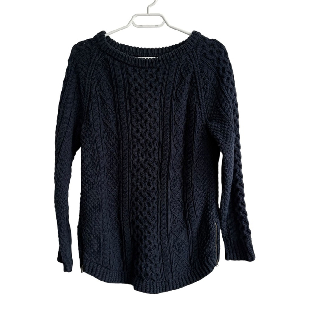 L.L Bean Women's Signature Cotton Fisherman Sweater Navy with Side Zips Sz Small
